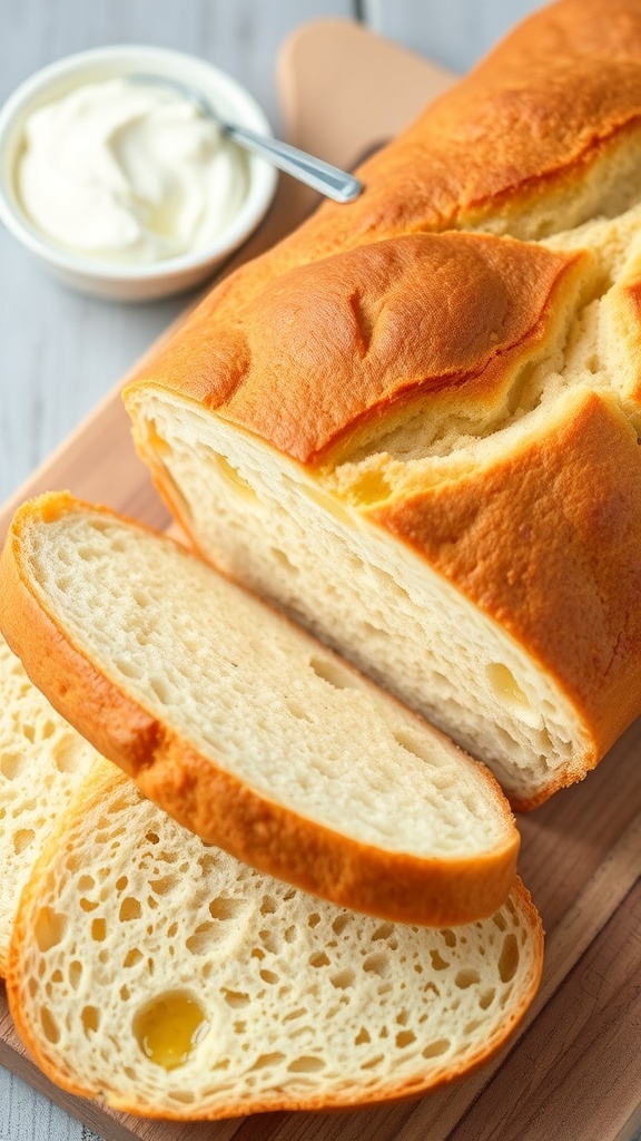 A loaf of healthy yogurt bread sliced on a wooden board, showcasing its soft texture.
